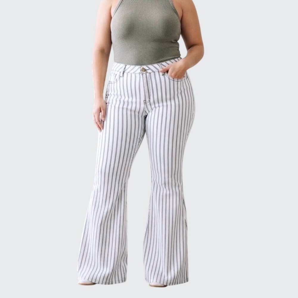 Judy Blue Super Flare Jeans Womens 15/32 White Navy Striped High Rise Western - Picture 1 of 16